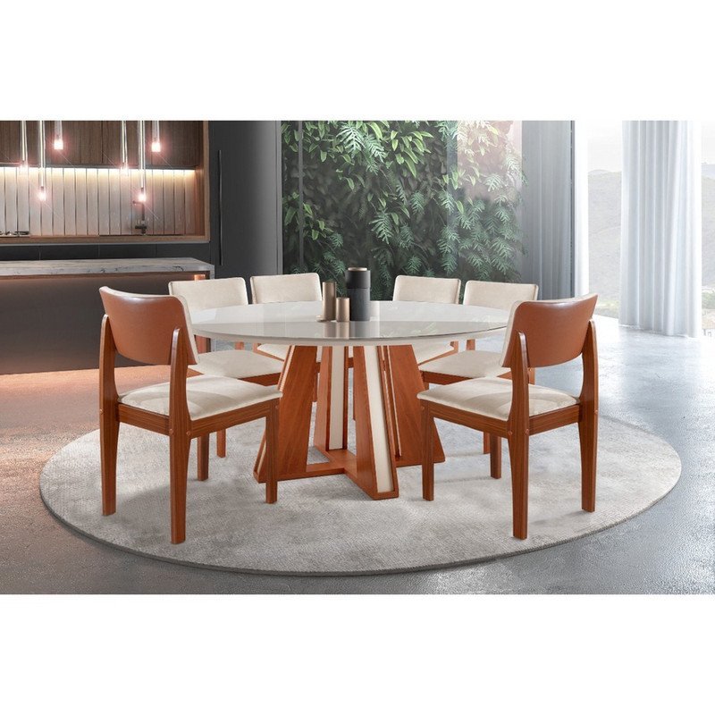 Sala de jantar completa 6 cadeiras moderna tampo de vidro redonda 1,35x1,35m - Turim - LJ Móveis - 1
