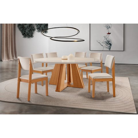 Sala de Jantar Completa 6 Cadeiras Moderna Tampo de Vidro Redonda 1,35x1,35m - Turim - Lj Móveis
