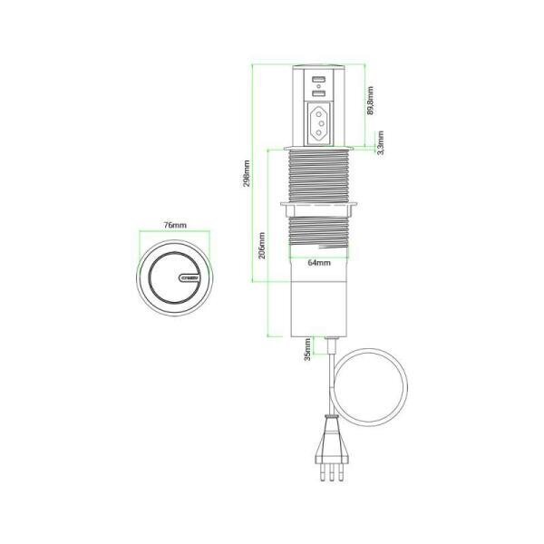 Torre de Tomada de Embutir Automática Bancada Pia Cozinha 1 Elétrica 20A + 2 USB Preta - 5