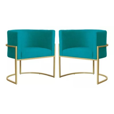 Kit 2 Poltronas Decorativas Base Metal para Sala Jantar Estar Recepção Clínica Consultório Turquesa