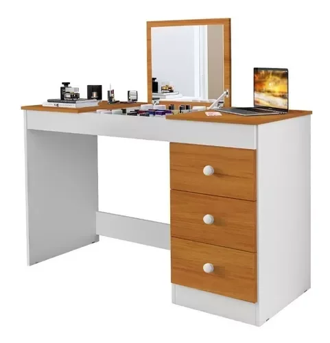 PENTEADEIRA ESCRIVANINHA P/ESTUDO GAMER 3 GAVETAS E PORTA MAQUIAGEM C/ESPELHO 100% MDF BRANCONATURE- - 1