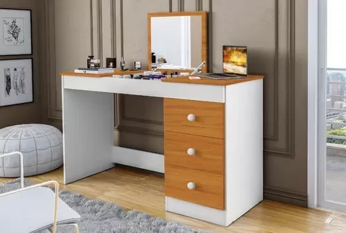 PENTEADEIRA ESCRIVANINHA P/ESTUDO GAMER 3 GAVETAS E PORTA MAQUIAGEM C/ESPELHO 100% MDF BRANCONATURE- - 2