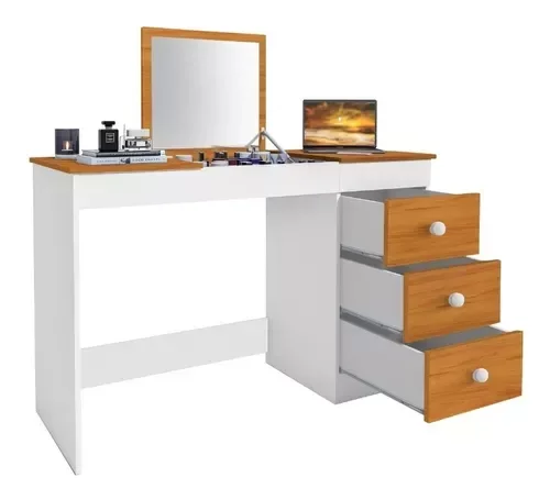 PENTEADEIRA ESCRIVANINHA P/ESTUDO GAMER 3 GAVETAS E PORTA MAQUIAGEM C/ESPELHO 100% MDF BRANCONATURE- - 5