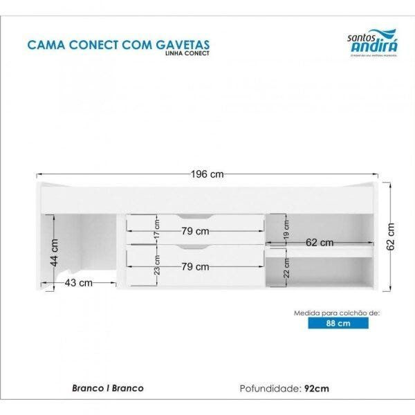 Cama de Solteiro com 2 Gavetas Nichos e Mesa de Cabeceira em MDF Conect Santos Andirá - 3