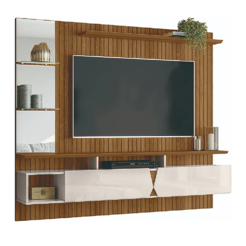 Painel para Tv até 55 Polegadas com Espelho 1,83m Intense Ripado Impressão 3d Freijó/off White