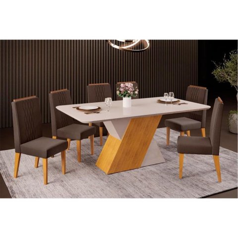 Sala de Jantar Completa Rubi Tampo Madeirado C/ Vidro Curvo 170x90cm e 6 Cadeiras Lia Cedro/off