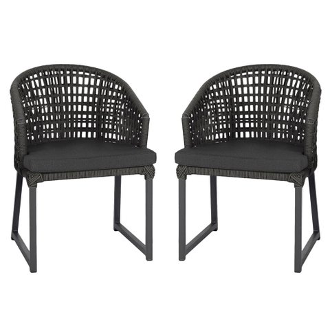 2 Cadeira Noronha Aluminio Micro Pintura Preta, Tr. Telinha Corda Nautica Preta, Estofado - Preto