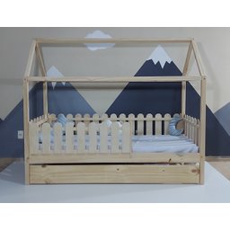 Bicama Solteiro Casinha Montessoriana Madeira Maciça Pinus - Verniz Incolor - Grade Cercadinho Compl - 1