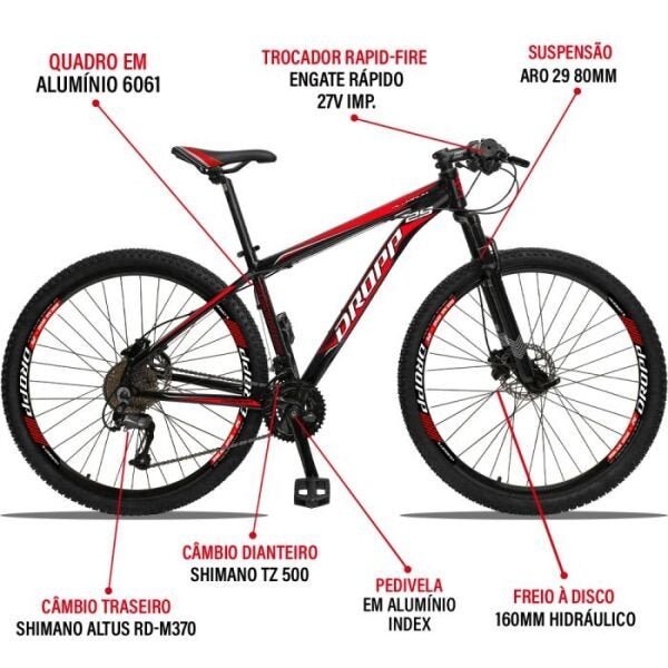 Dropp Aluminum 27v Câmbio Traseiro Altus Freio Hidráulico - Preto+Vermelho - 19 - 3