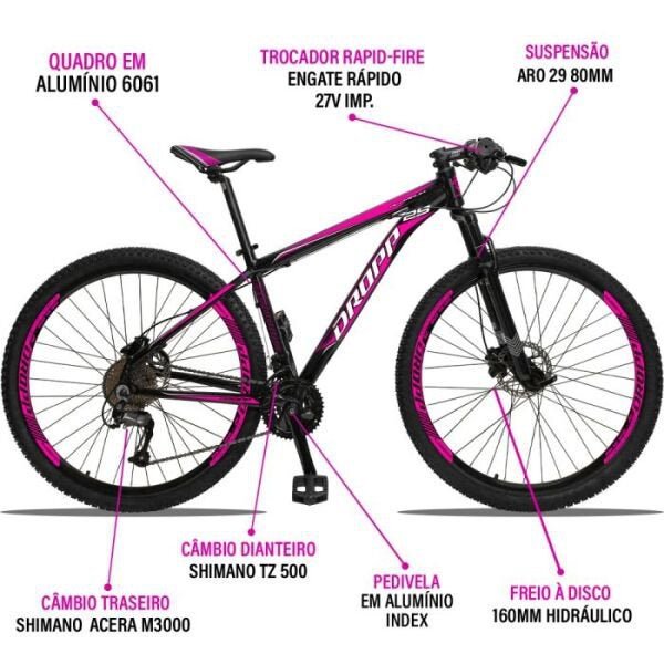 Dropp Aluminum 27v Câmbio Traseiro Acera Freio Hidráulico - Preto+Rosa - 17 - 3