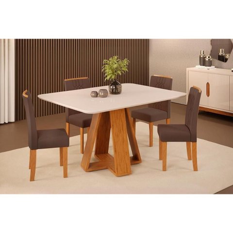 Conjunto: Mesa Sala Jantar Celeste C/ Tampo Madeirado C/ Vidro Curvo 120x90cm e 4 Cadeiras Zoe