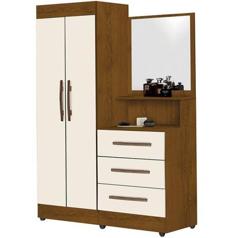 Guarda-Roupa Solteiro com Espelho Penteadeira 2 Portas Onix Luxo -Móveis Primus - Mel/Perola