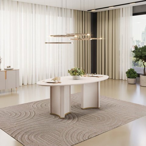 Mesa para Sala de Jantar 218cm com Tampo Elipse Orgânico com Vidro Liz Branco/Off White
