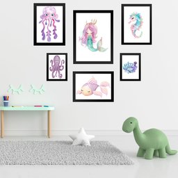 Kit 6 Quadros Quarto Infantil Menina - Fundo do Mar:moldura Preta - 1