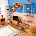 Ver imagem 2 de Sala de TV Industrial Completo Grande e Duas Estantes Torre Slim Carvalho e Branco