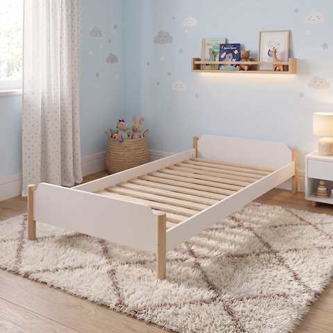 Cama Auxiliar Solteiro Infantil Empilhável Madeira e MDF Branco e Natural