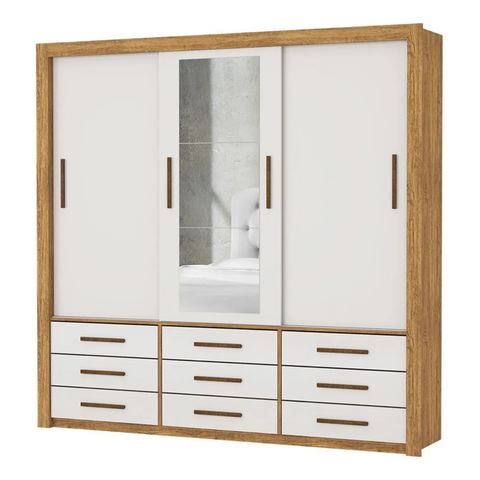 Armareo Roupeiro Anjos 3 Portas C/espelho Central 9 Gavetas S/pe Carioca Moveis Cinamomo/off White