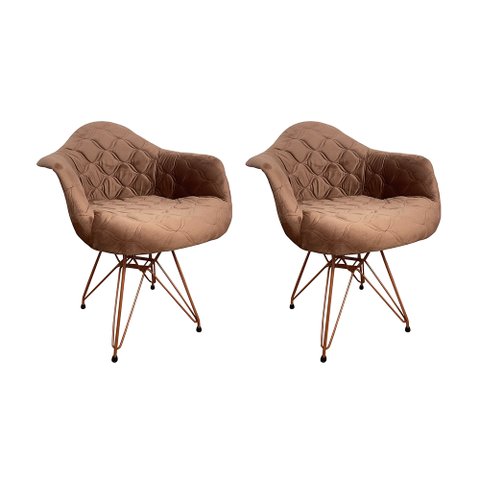 Kit 2 Poltronas Jantar Eames Eiffel Estofadas Caramelo Base Cobre