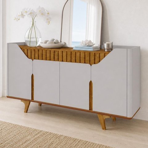 Aparador Buffet Devon 4 Portas Tampo em MDF Off White e Cinamomo 160cm Lyam Decor
