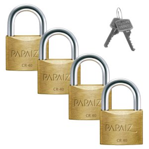 Cadeado Médio 40mm Haste Curta Latão Maciço Dourado com Chave | Papaiz | Kit 04 Un