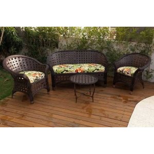 Conjunto de Sofá Fibra Sintética Bali Trançado - 1 Sofá 2 Lugares + 2 Poltronas + 1 Mesa de Centro - Tecido