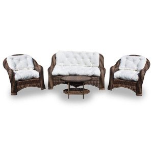 Conjunto de Sofá Fibra Sintética Melo - 1 Sofá 2 Lugares + 2 Poltronas + 1 Mesa Centro - Tecido Duna Cru