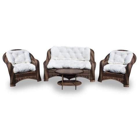 Conjunto de Sofá Fibra Sintética Melo - 1 Sofá 2 Lugares + 2 Poltronas + 1 Mesa Centro - Tecido Duna Cru