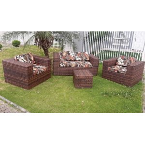 Conjunto de Sofá Fibra Sintética Quadrado Aço - 1 Sofá 2 Lugares + 2 Poltronas + 1 Mesa Centro - Tecido Rev