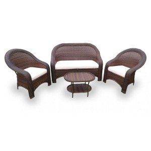 Conjunto de Sofá Fibra Sintética Karibe - 1 Sofá 2 Lugares + 2 Poltronas + 1 Mesa Centro - Tecido Duna Cru