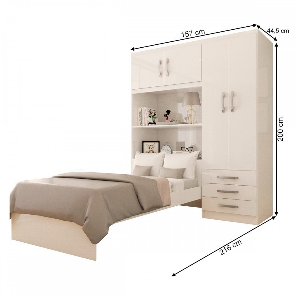 Guarda-Roupa Solteiro com Cama Liverpool 4 Portas 3 Gavetas Branco - Panorama Móveis - 4