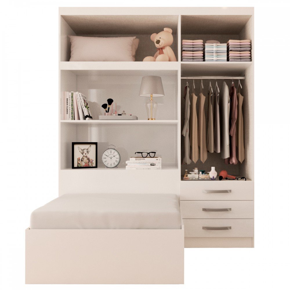 Guarda-Roupa Solteiro com Cama Liverpool 4 Portas 3 Gavetas Branco - Panorama Móveis - 3