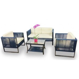 Conjunto de Sofá Bahamas Corda Náutica - 1 Sofá + 2 Poltronas + Mesa Centro - Tecido Duna Cru