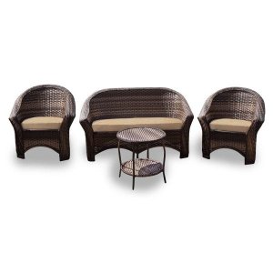 Conjunto de Sofá Fibra Sintética Bali - 1 Sofá 2 Lugares + 2 Poltronas + 1 Mesa Centro - Tecido Duna Desert