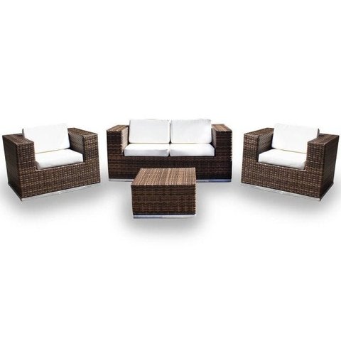 Conjunto de Sofá Fibra Sintética Quadrado - 1 Sofá 2 Lugares + 2 Poltronas + 1 Mesa Centro - Tecido Duna Cr