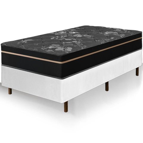 Cama Box Branca + Colchão Solteiro King Bariloche Preto Molas Ensacadas One Face 96x203x63cm