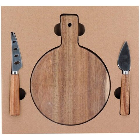 Conjunto de 3 Peças para Queijo com Tábua em Madeira