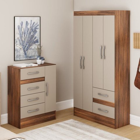 Quarto Completo com Guarda-Roupa 4 Portas e 2 Gavetas e Cômoda 4 Gavetas e 1 Porta Colorido/Castanho/Off-White