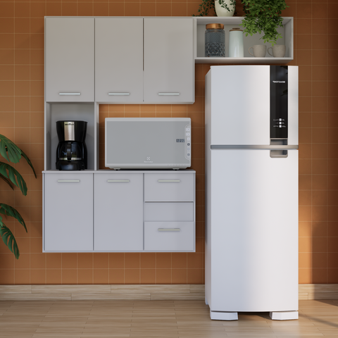 Armário de Cozinha Compacto com Nicho para Micro-ondas, 5 Portas e 2 Gavetas Branco