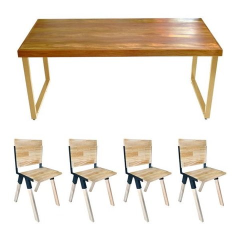 Conjunto de Mesa Industrial Bernardo Madeira Maciça 1,50mx90cm com Ferragem Preta e 4 Cadeiras Detro