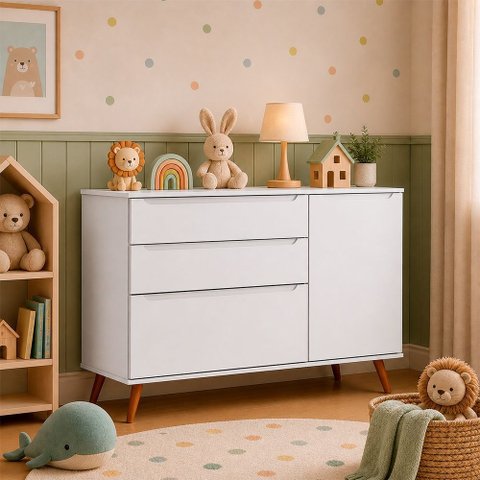 Cômoda Sapateira 3 Gavetas 1 Porta 100% MDF Melinda Retrô Quarto de Bebê 100% MDF Branco Phoenix