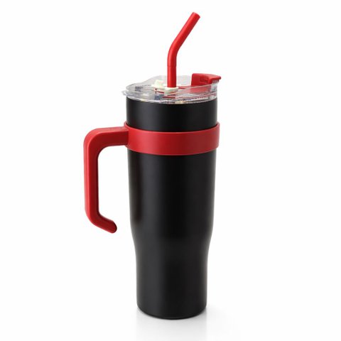 Copo Térmico Ms-958 1200ml Dupla Camada Aço Inox Grande com Canudo e Tampa:Preto Liso com Vermelho