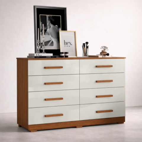 Cômoda Quarto Moderna 8 Gavetas - Cinamomo / Off White