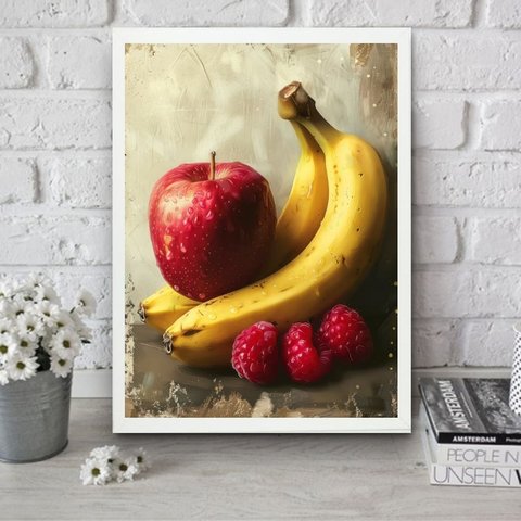 Quadro para Cozinha Arte Maçã e Banana 33x24cm:moldura Branca