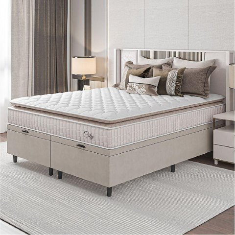 Cama Box Colchão Baú Casal King Molas Ensacadas City Pillow Top 193x203x64cm Bege Branco