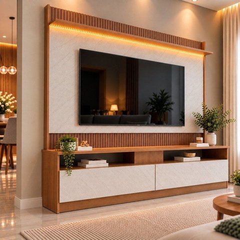 Rack com Painel para TV até 70 Polegadas Ripado LED 172CMX182CM Rio LED Marrom Manchester