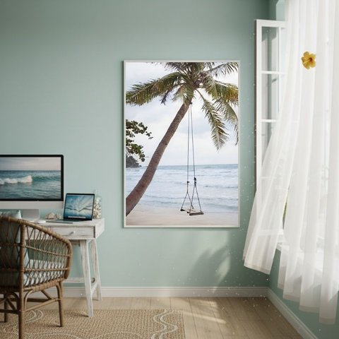 Quadro Decorativo Um Balanço na Palmeira-70x50cm:moldura Branca