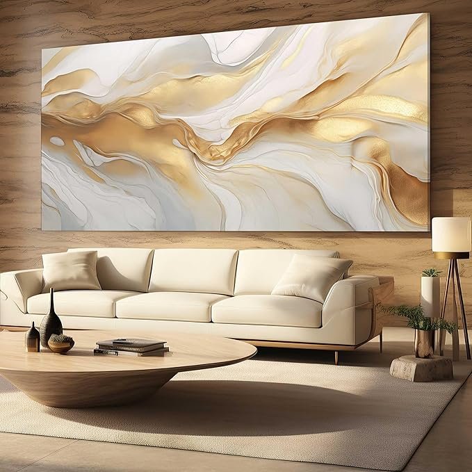 Quadro Decorativo Luxo Abstrato Dourado para Sala de Estar Grande em Tecido Canvas