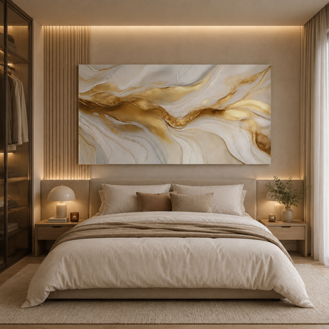 Quadro Decorativo Luxo Abstrato Dourado para Sala de Estar Grande em Tecido Canvas