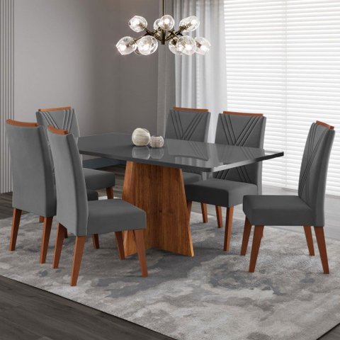 Mesa de Jantar 6 Lugares Stilo com Vidro Mel/grafite/veludo Cinza - Viero Móveis