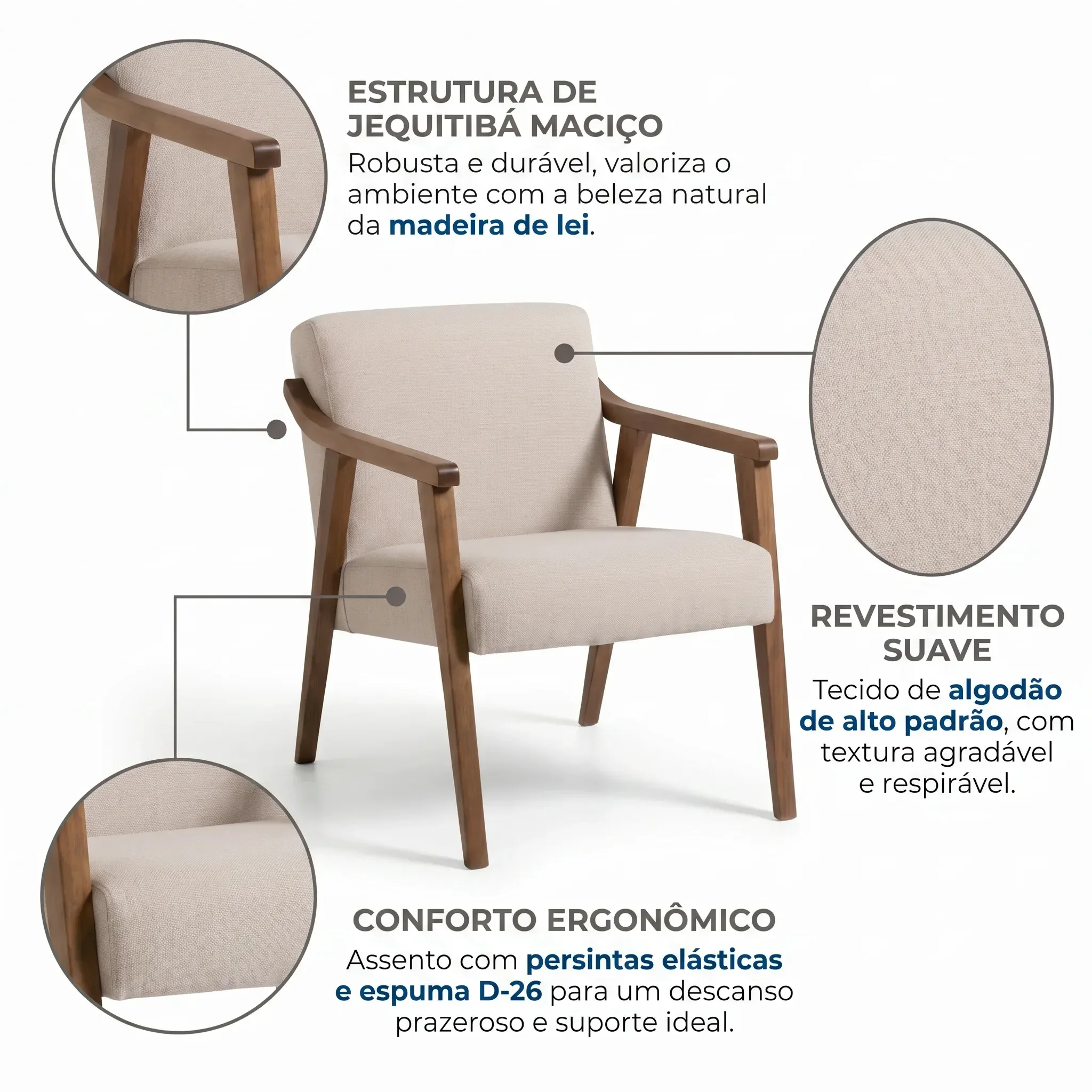 Ver imagem 4 de Poltrona Decorativa Flavia em Madeira Maciça Jequitibá e Algodão Bege